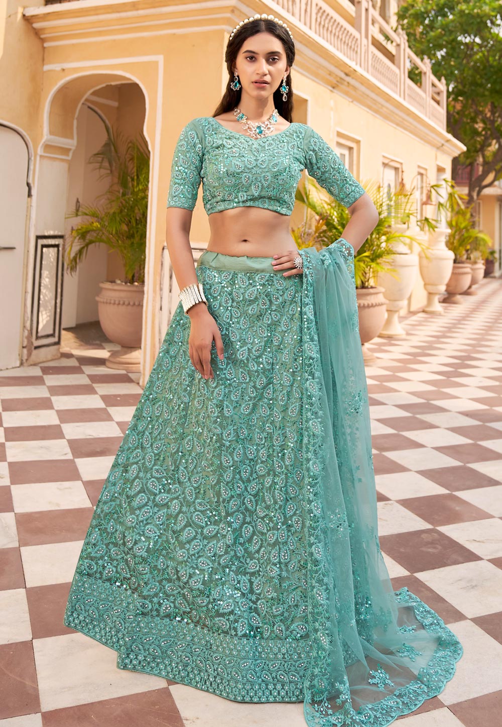 Sea Green Net A Line Lehenga Choli 256320