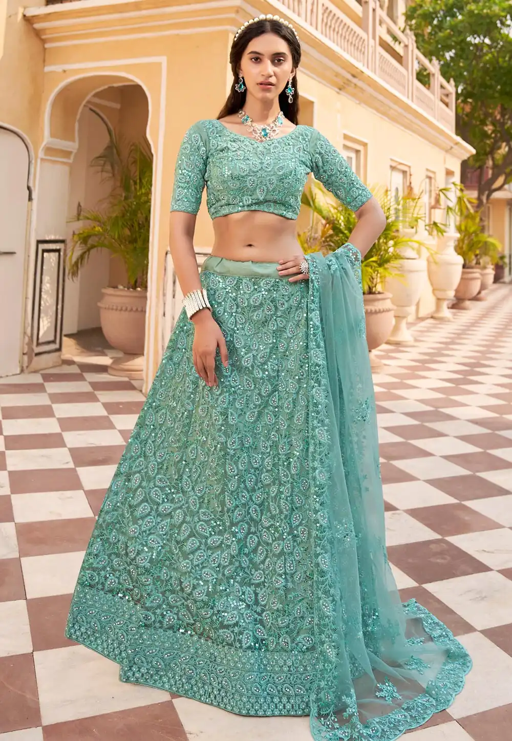 Sea Green Net A Line Lehenga Choli 256320