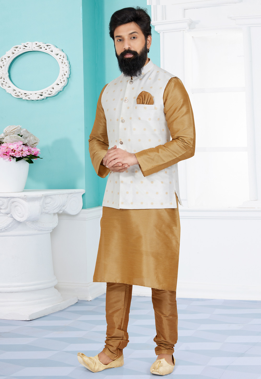 Beige Banarasi Kurta Pajama With Jacket 268543