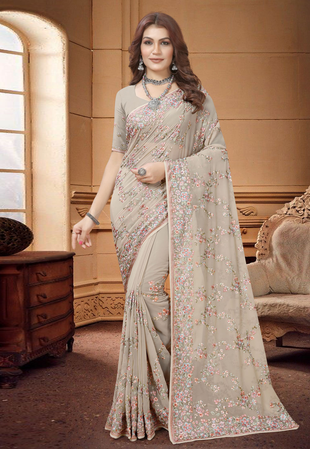 Brown Georgette Saree With Blouse 273283