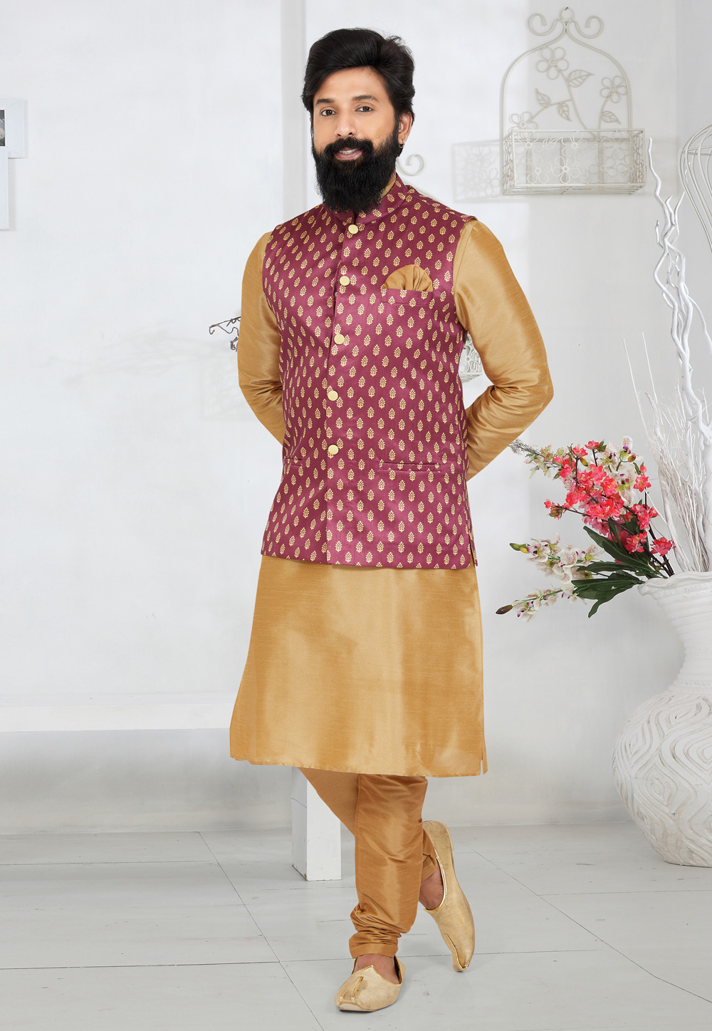 Beige Banarasi Kurta Pajama With Jacket 268544