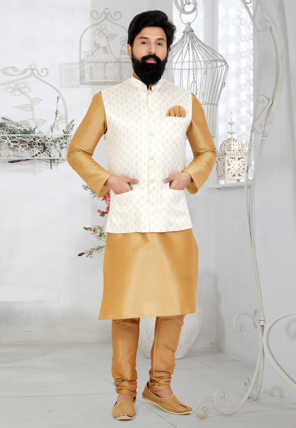 Beige Banarasi Kurta Pajama With Jacket 268546