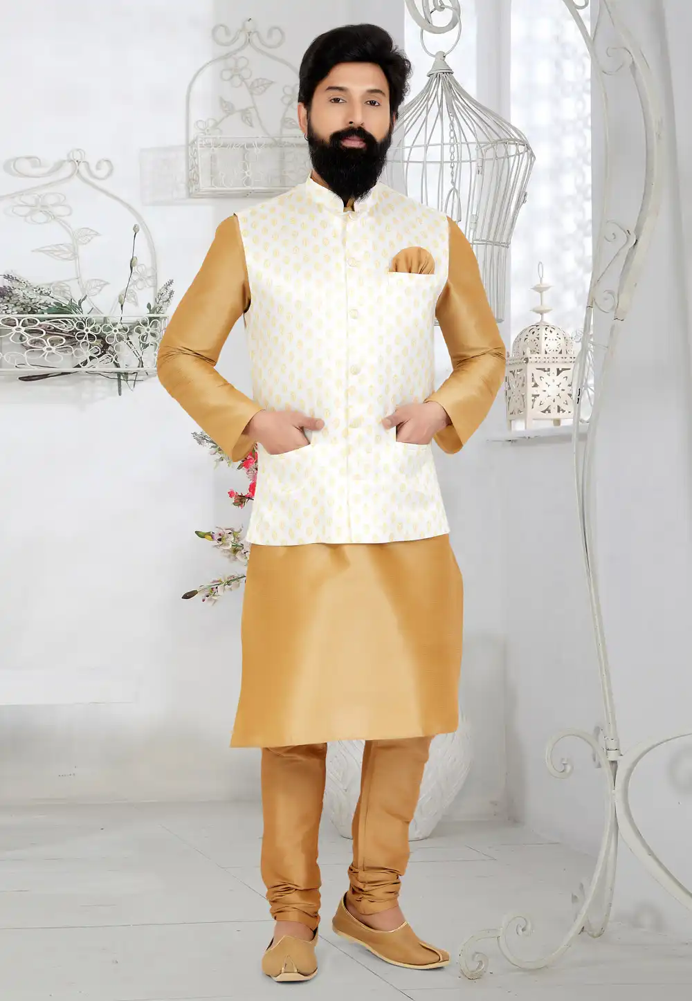 Beige Banarasi Kurta Pajama With Jacket 268546