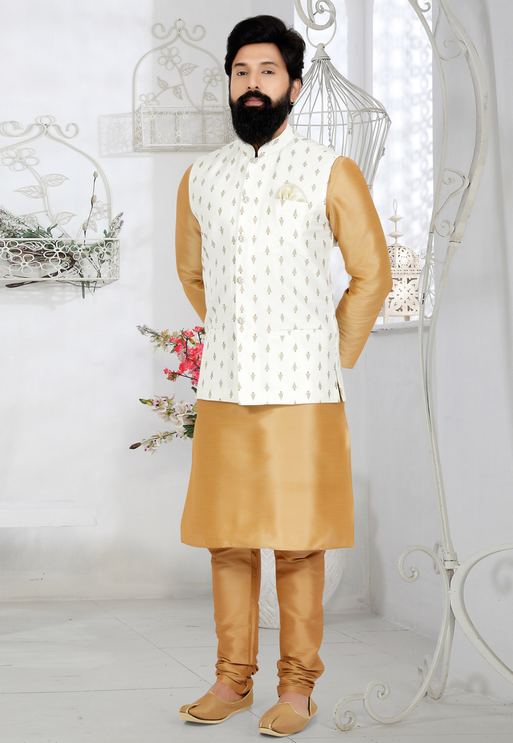 Beige Banarasi Kurta Pajama With Jacket 268548