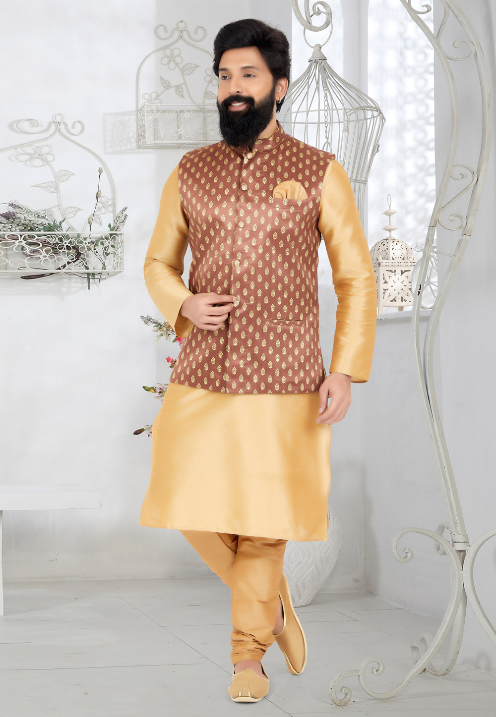 Beige Banarasi Kurta Pajama With Jacket 268549