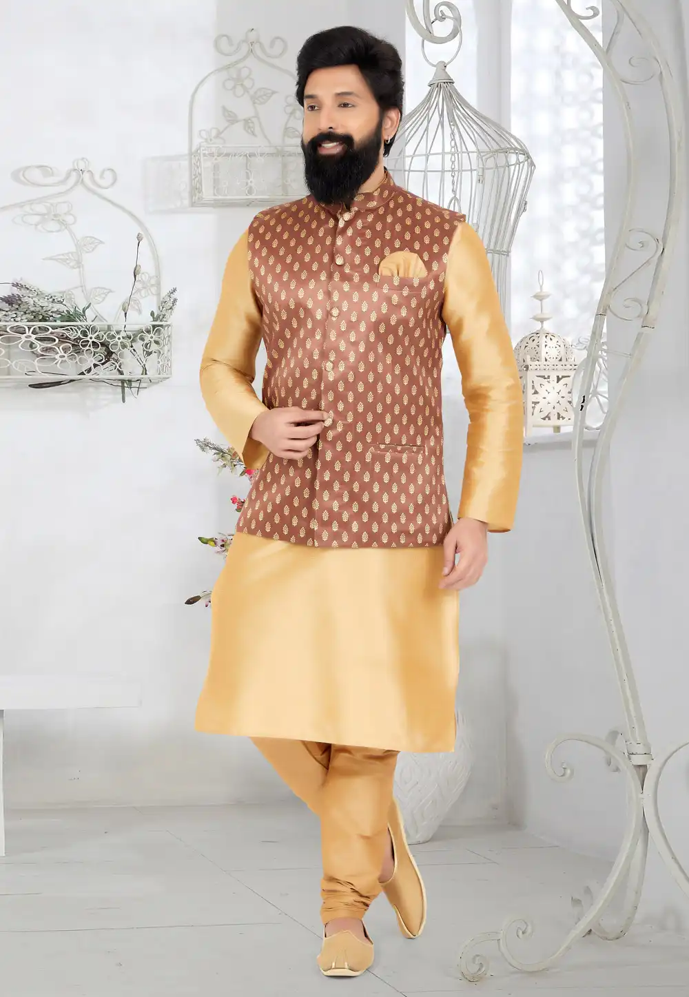 Beige Banarasi Kurta Pajama With Jacket 268549