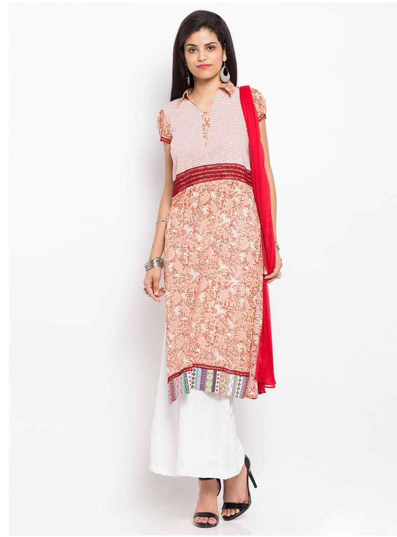 Peach Cotton Readymade Palazzo Style Suit 93223