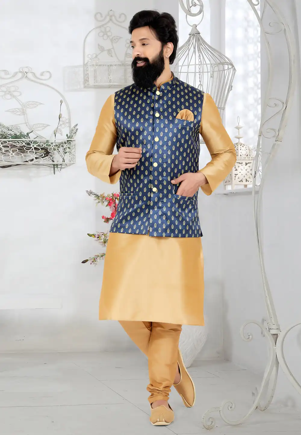 Beige Banarasi Kurta Pajama With Jacket 268550