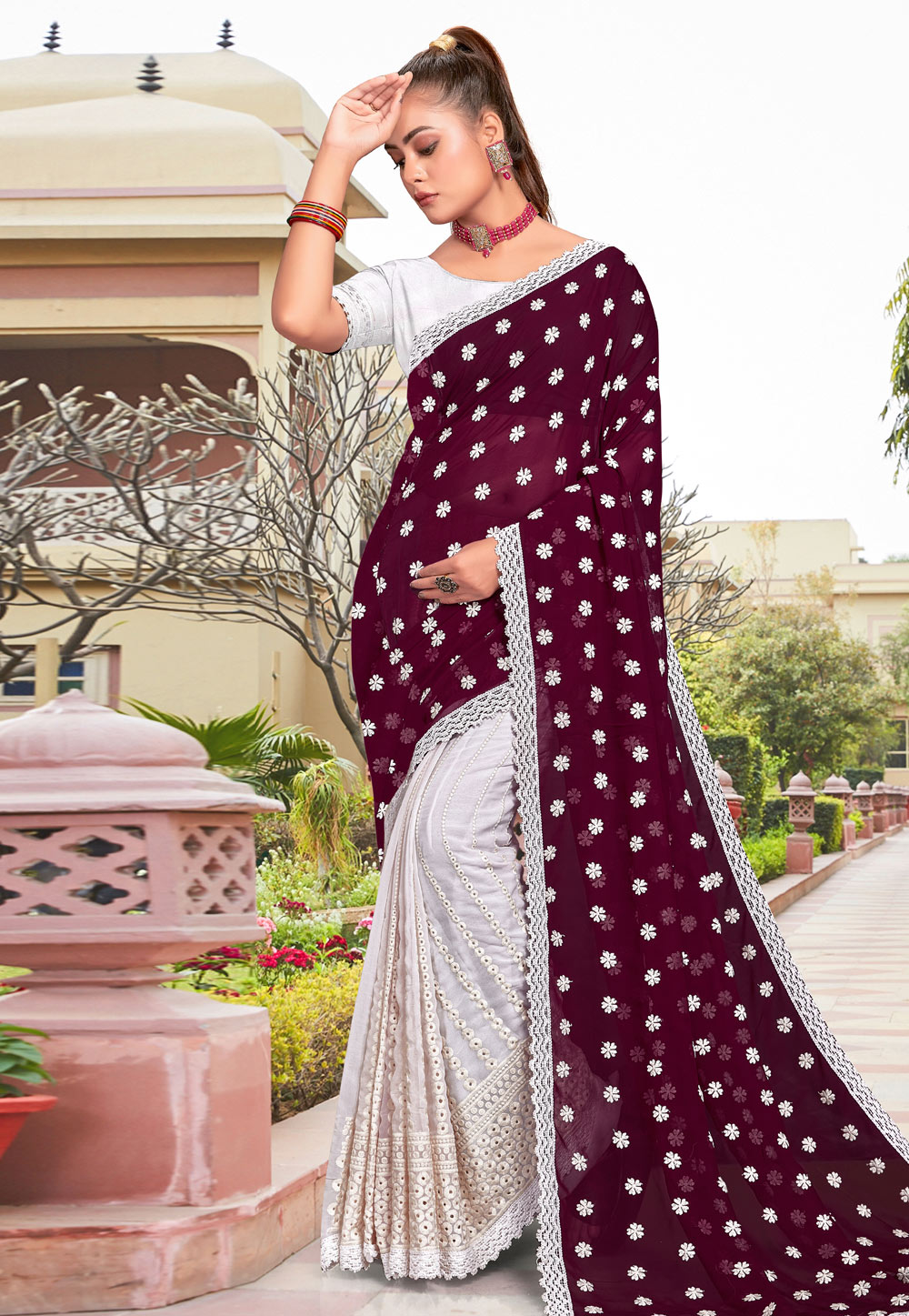 Wine Georgette Half N Half Saree 273629