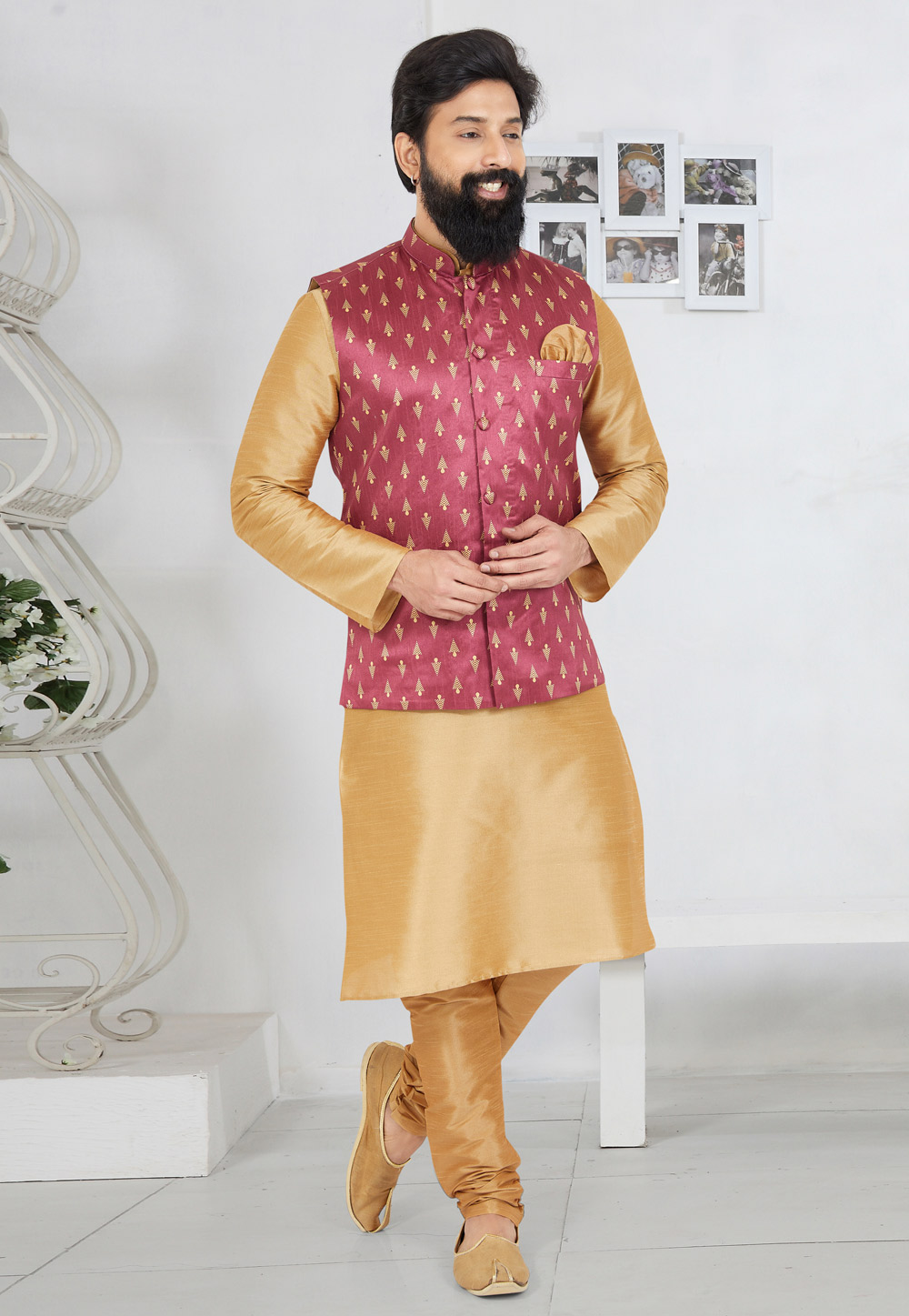 Beige Banarasi Kurta Pajama With Jacket 268553