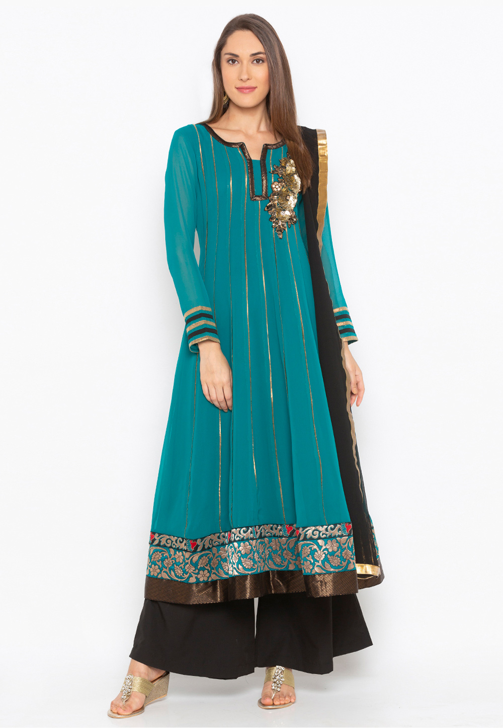 Sea Green Georgette Readymade Palazzo Suit 246158