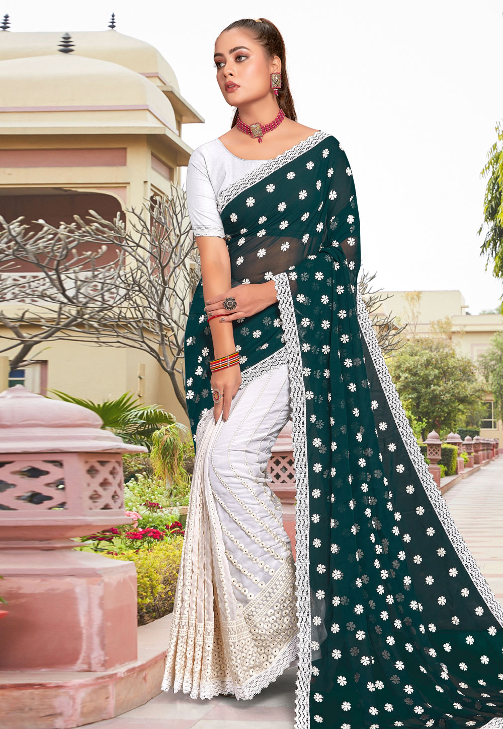 Teal Georgette Half N Half Saree 273631