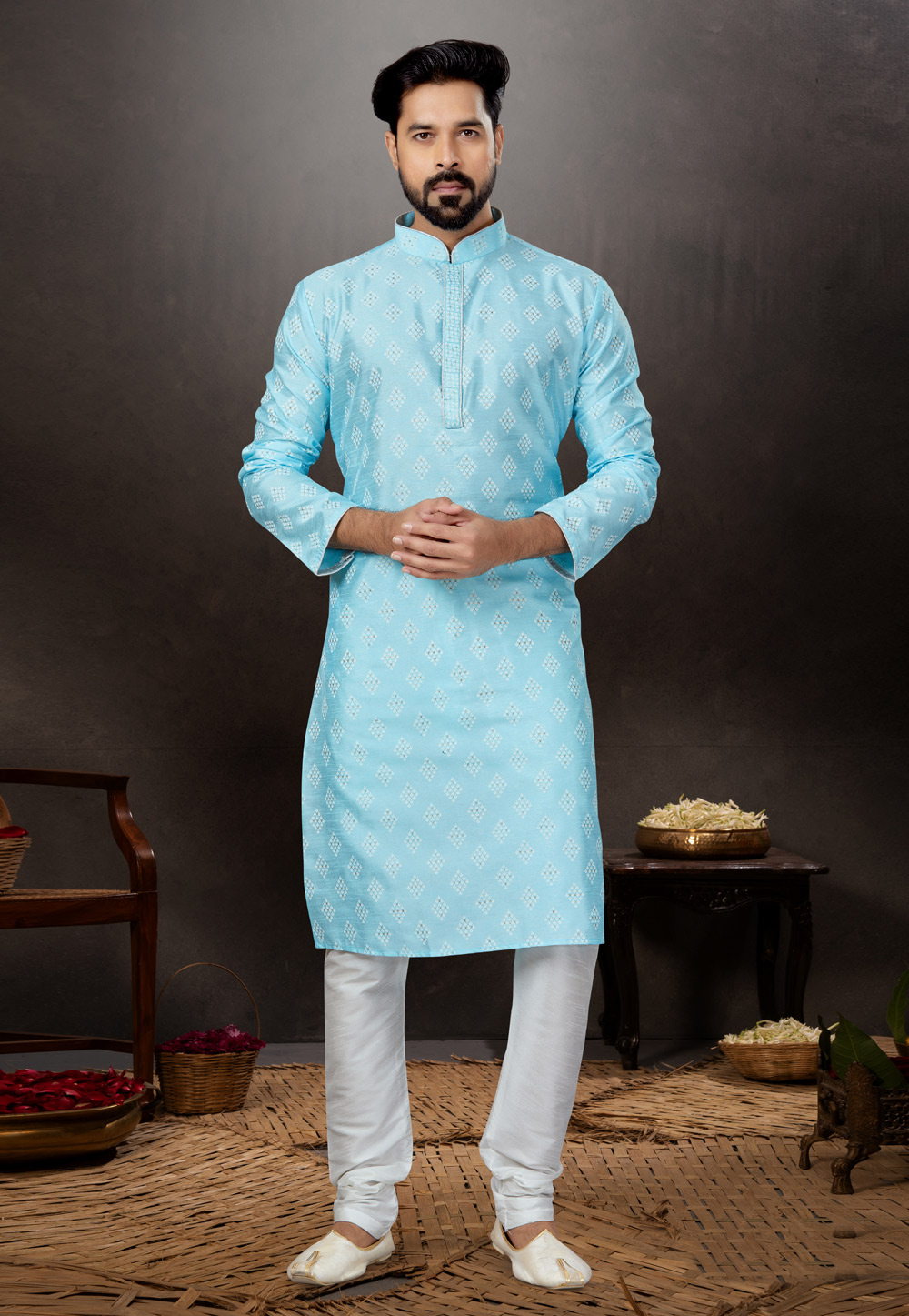Sky Blue Silk Kurta Pajama 259361