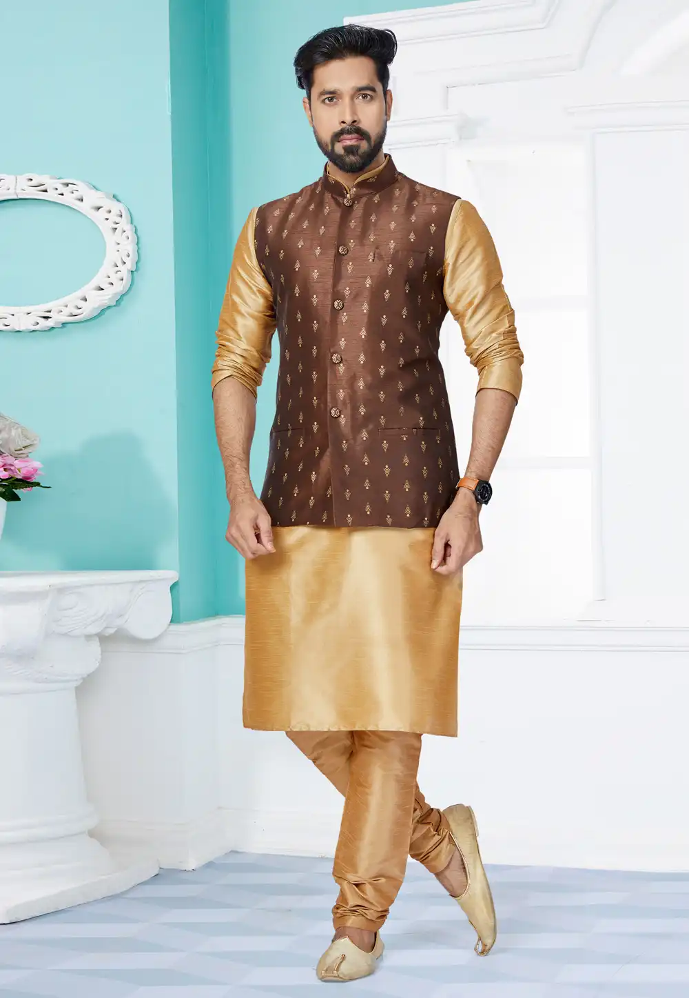 Beige Banarasi Kurta Pajama With Jacket 268558