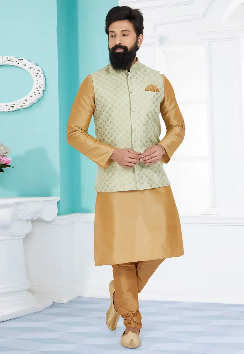 Beige Banarasi Kurta Pajama With Jacket 268559