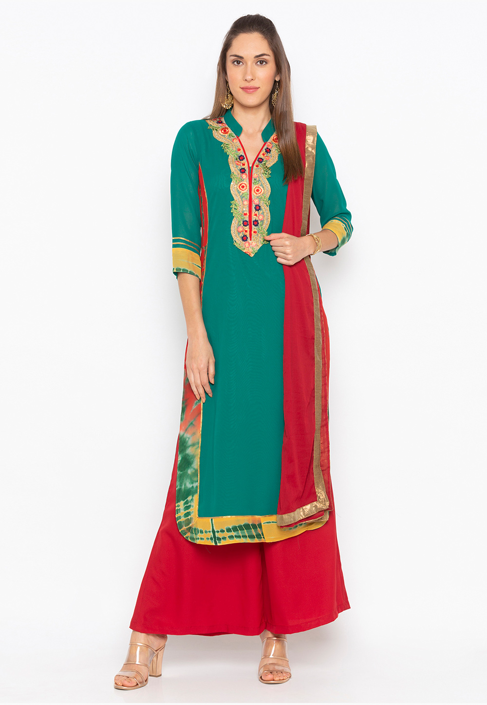 Green Georgette Readymade Palazzo Suit 235560