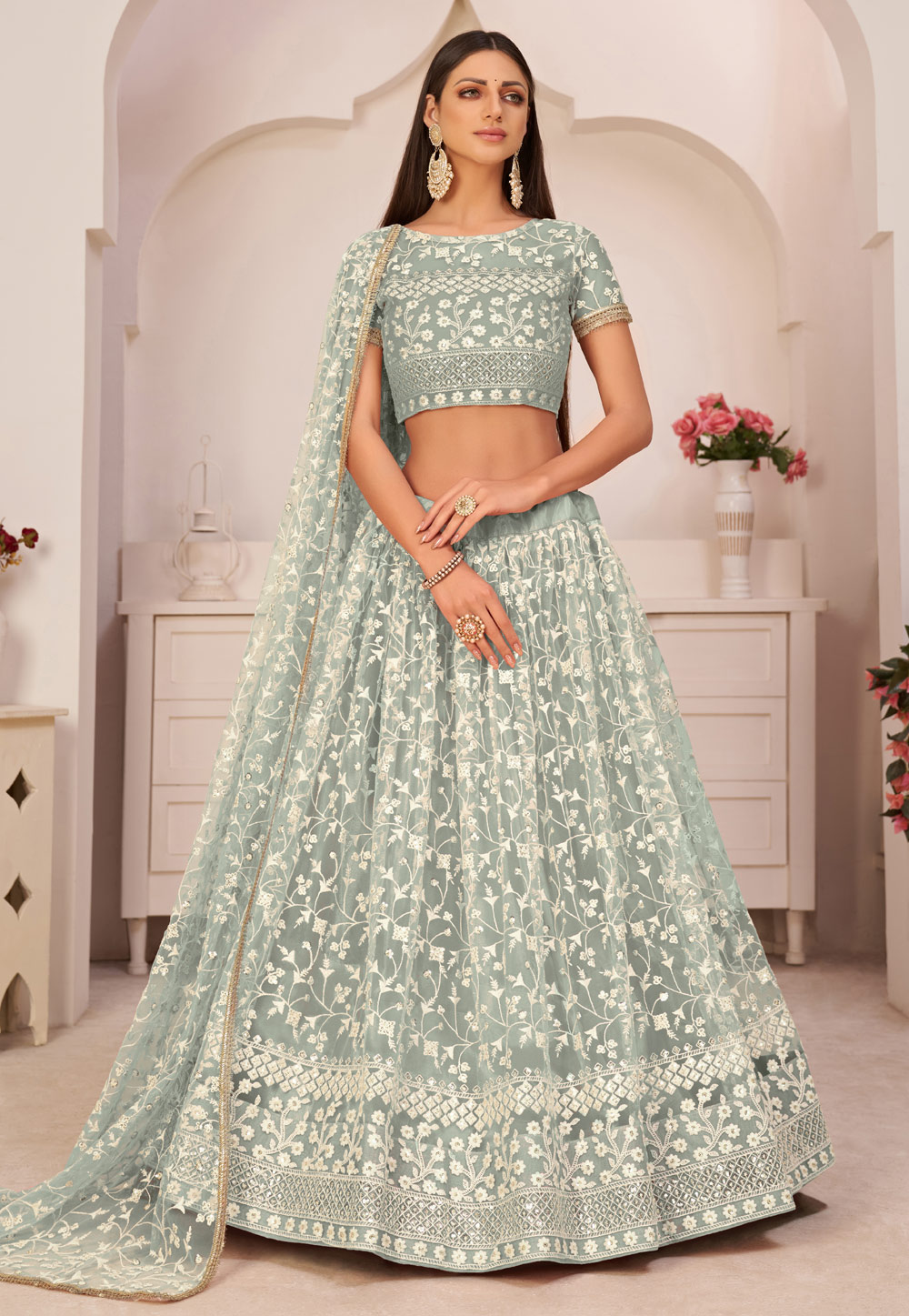 Sea Green Net Sequins Work Lehenga Choli 245315
