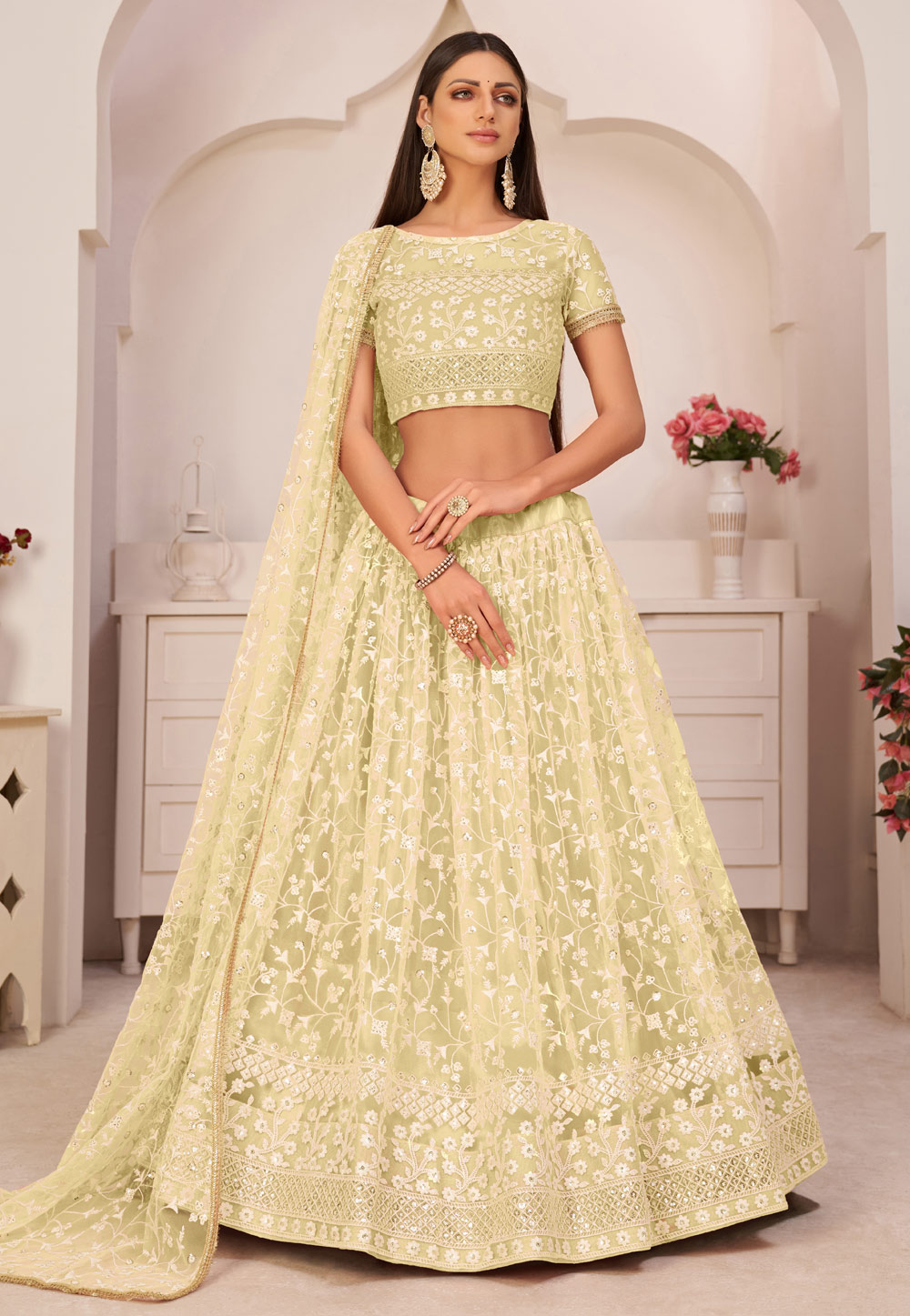 Light Yellow Net Sequins Work Lehenga Choli 245316