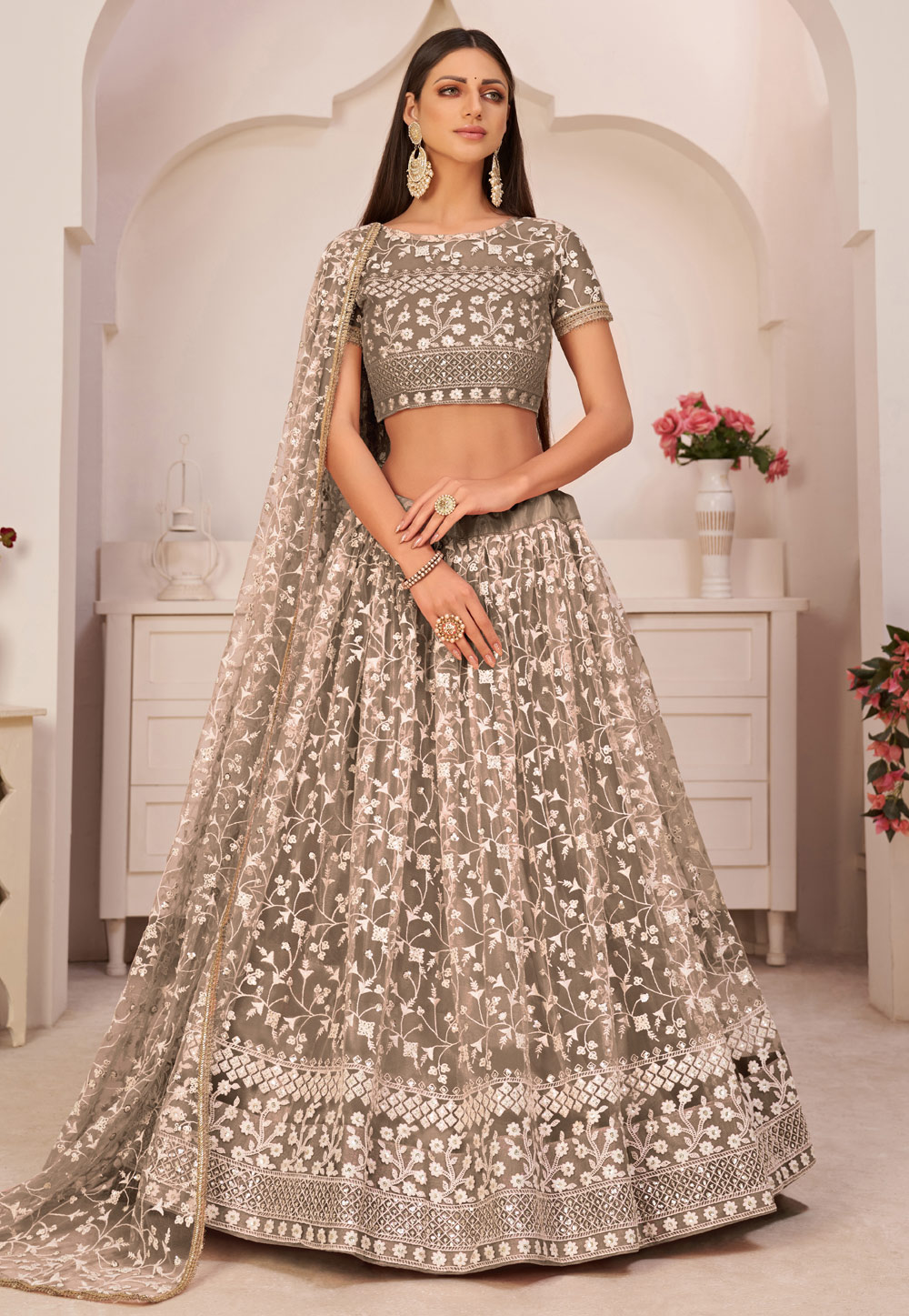Brown Net Sequins Work Lehenga Choli 245317