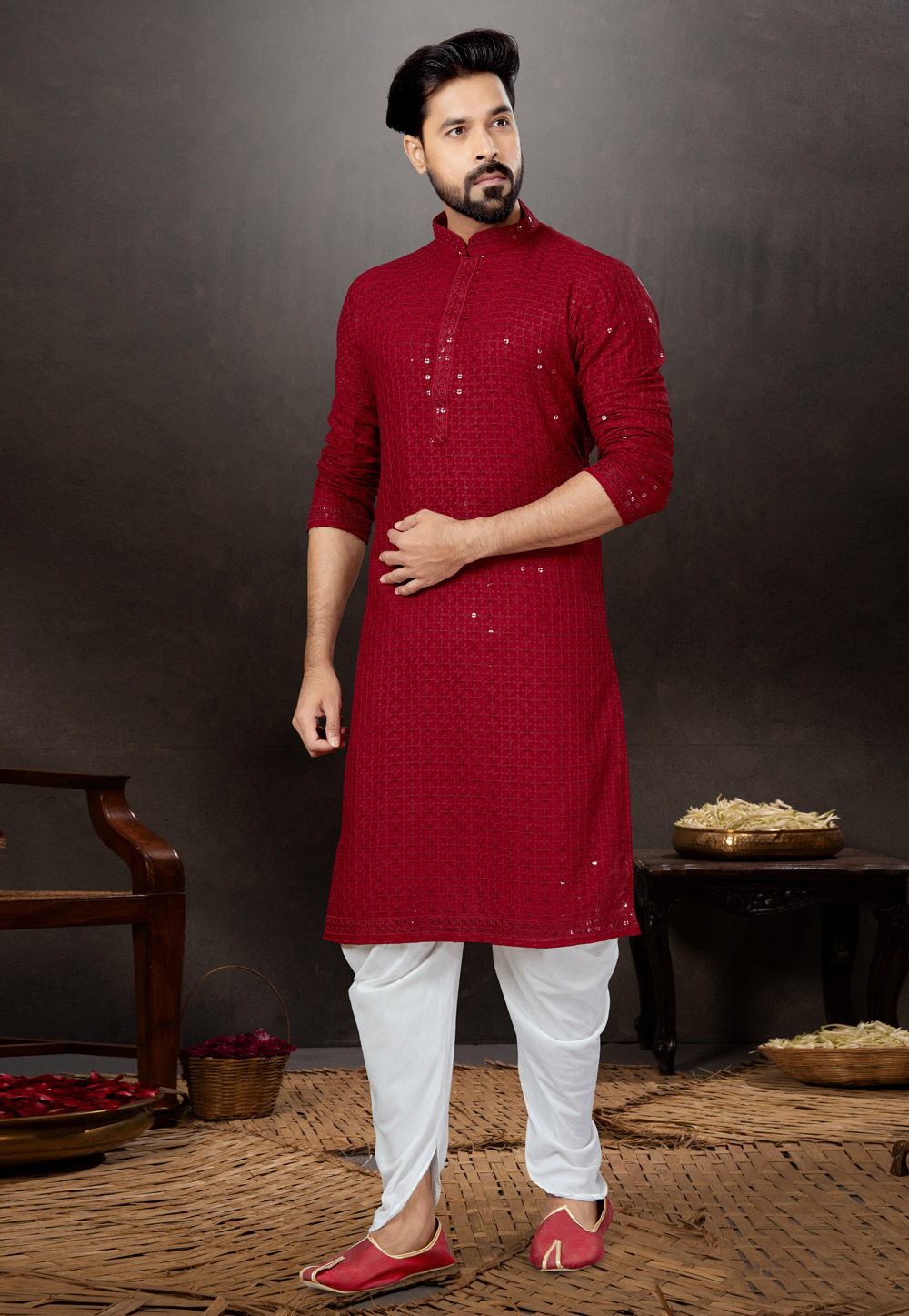 Maroon Rayon Dhoti Kurta 259367