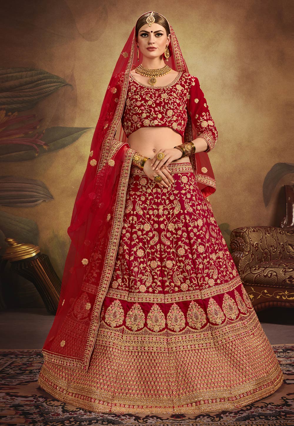 Red Velvet Embroidered Bridal Lehenga Choli 176416