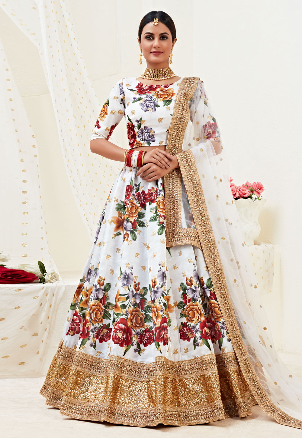 White Banglori Circular Lehenga Choli 216367
