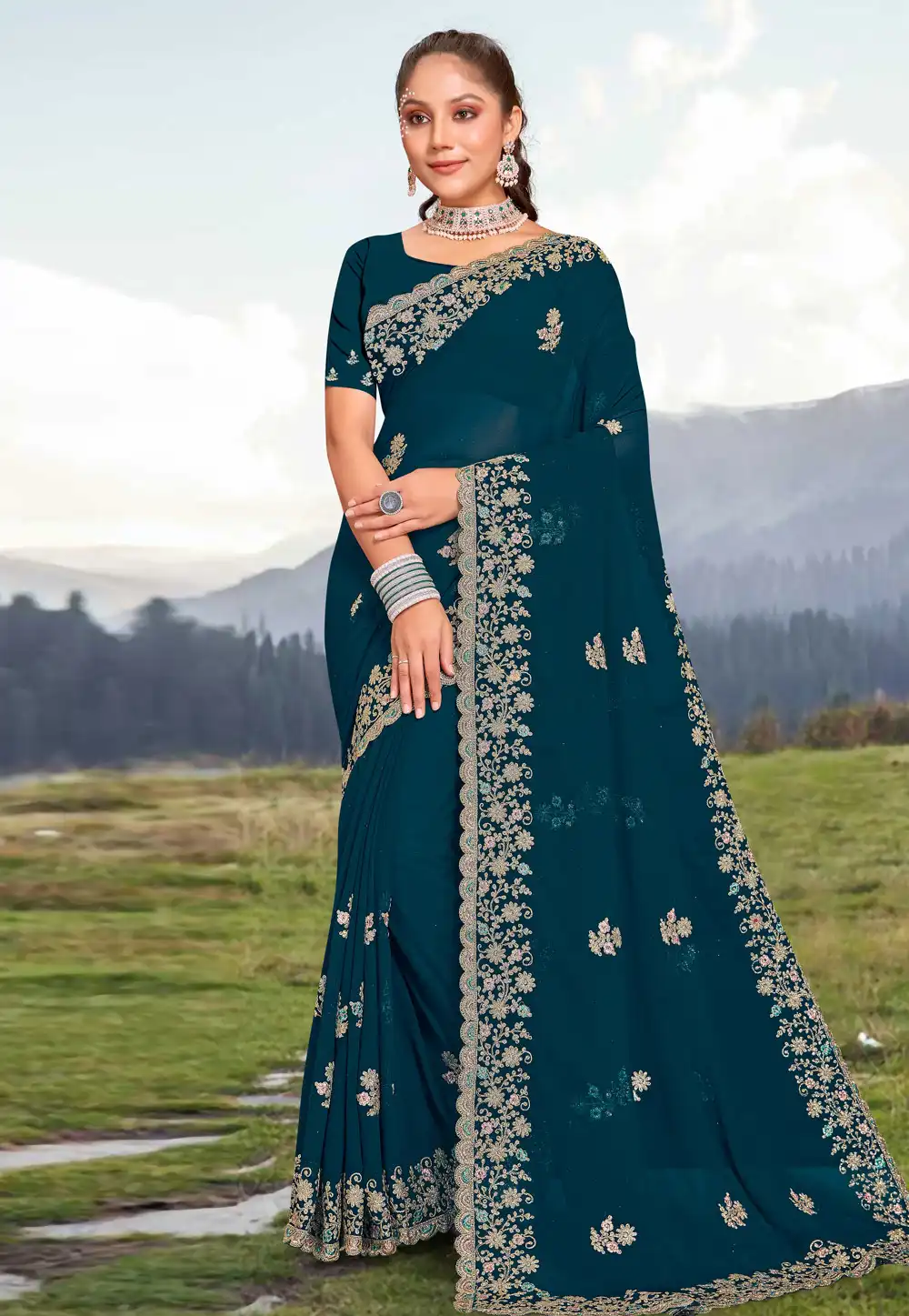 Teal Georgette Saree With Blouse 273928