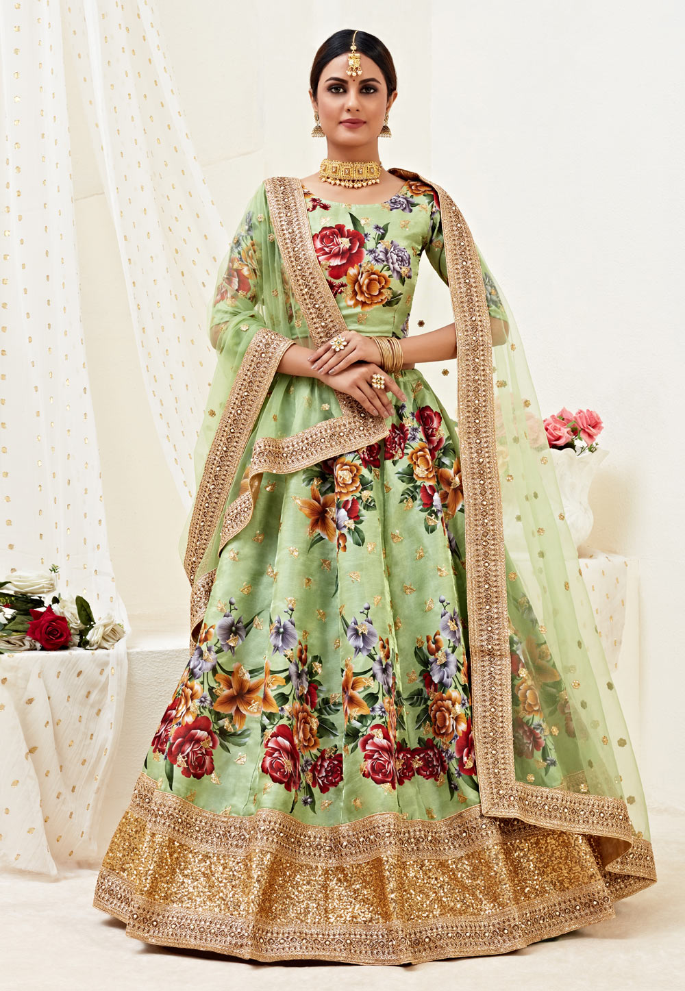 Pista Green Banglori Circular Lehenga Choli 216368