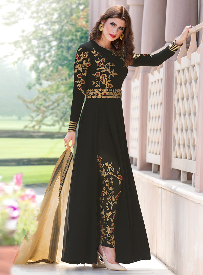 Black Faux Georgette Pant Style Suit 120244