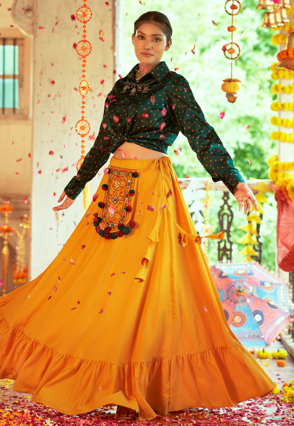 Orange Cotton Crop Top Lehenga 248162