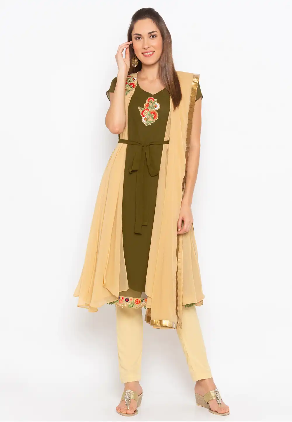 Mehndi Georgette Readymade Pant Style Suit 235563