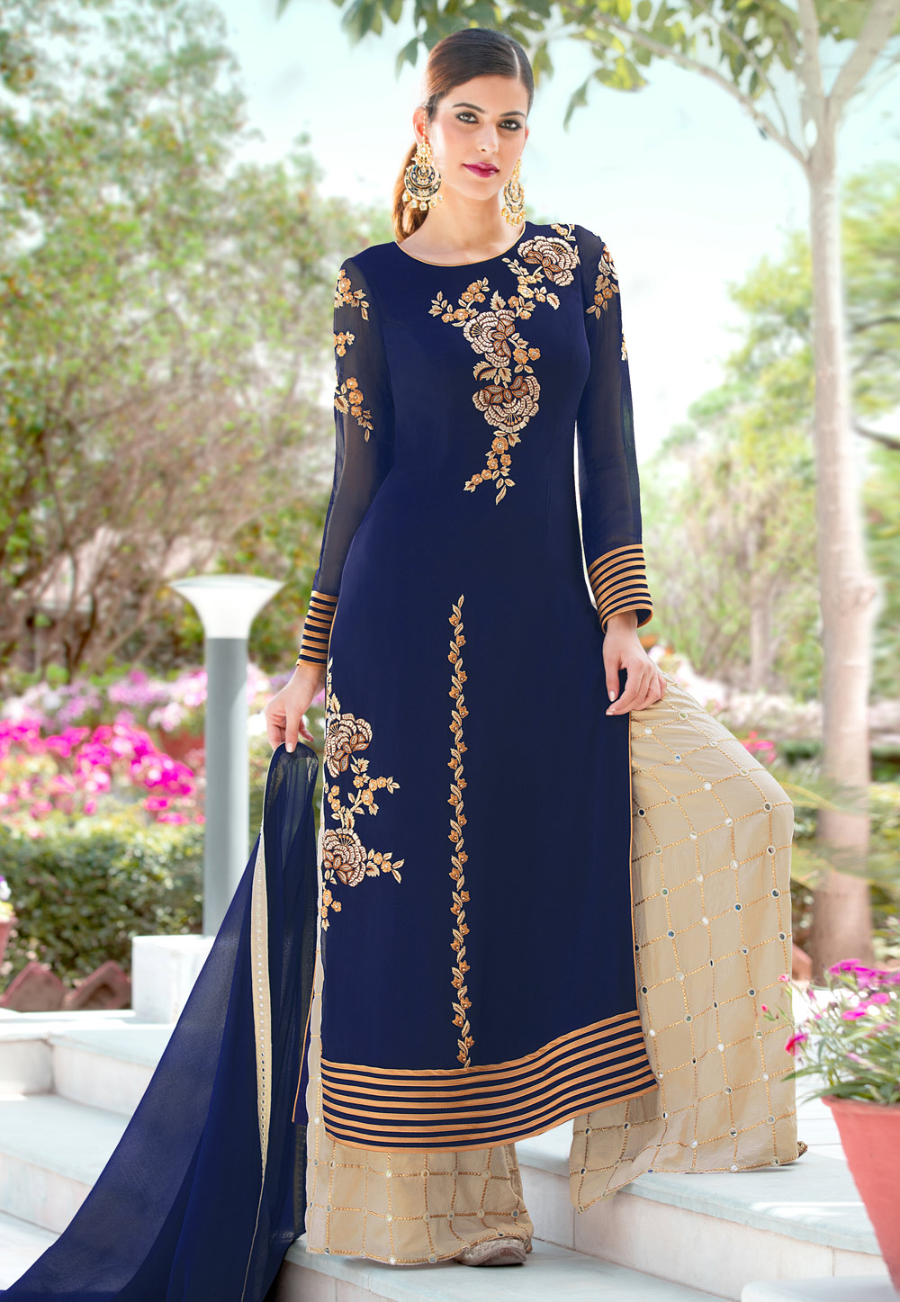 Blue Faux Georgette Palazzo Suit 126966