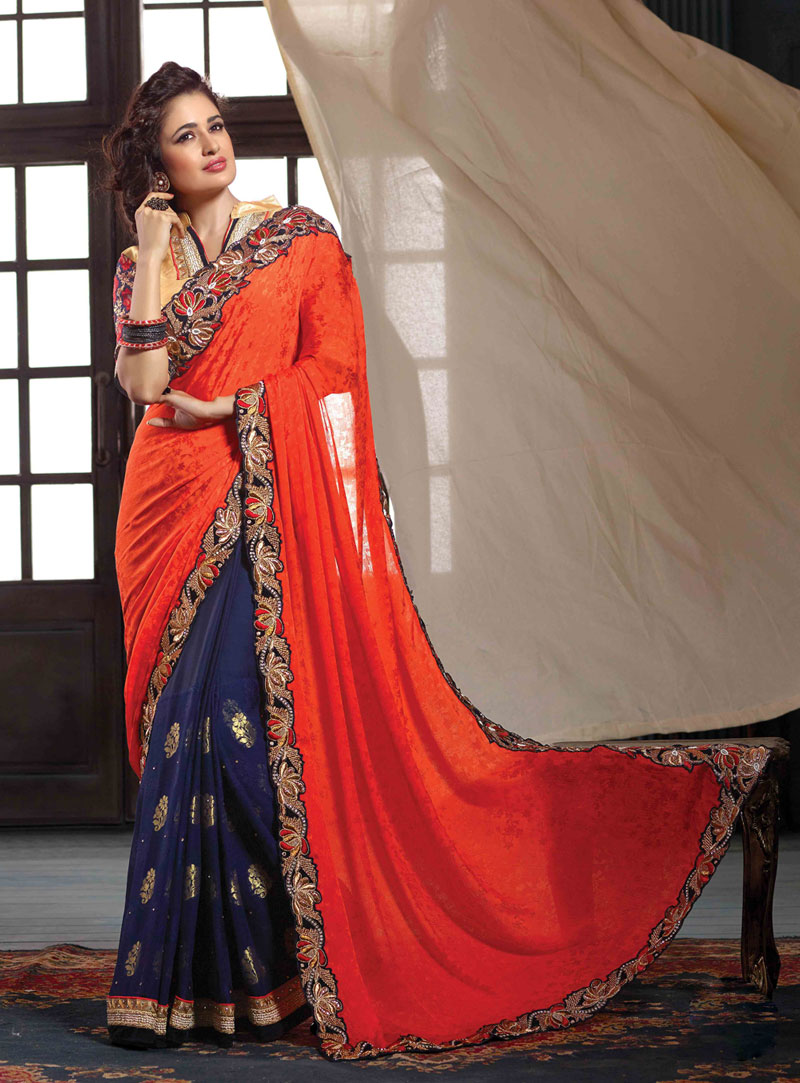 Orange Georgette Jacquard Half and Half Saree 56411