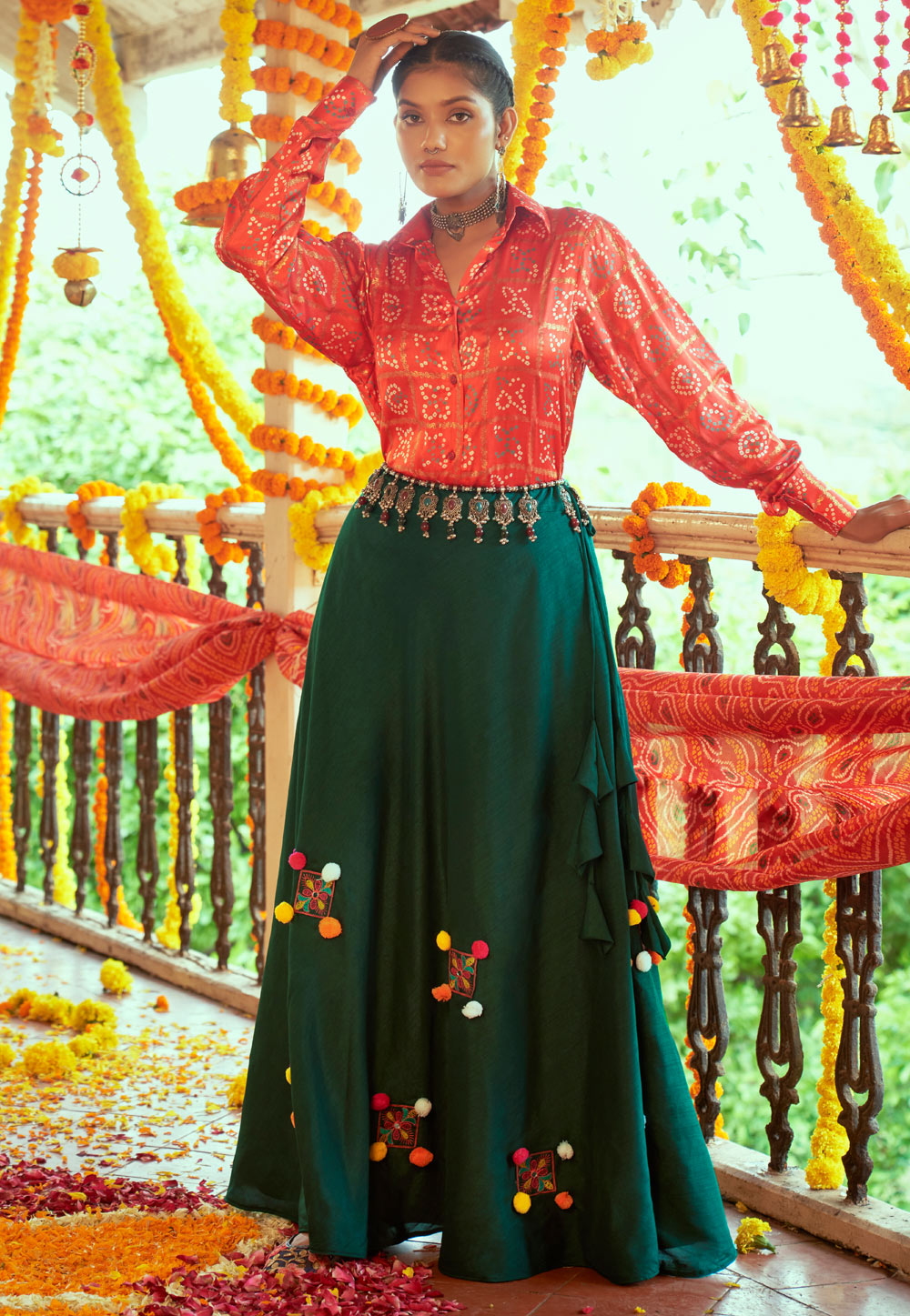 Green Cotton Crop Top Lehenga 248164