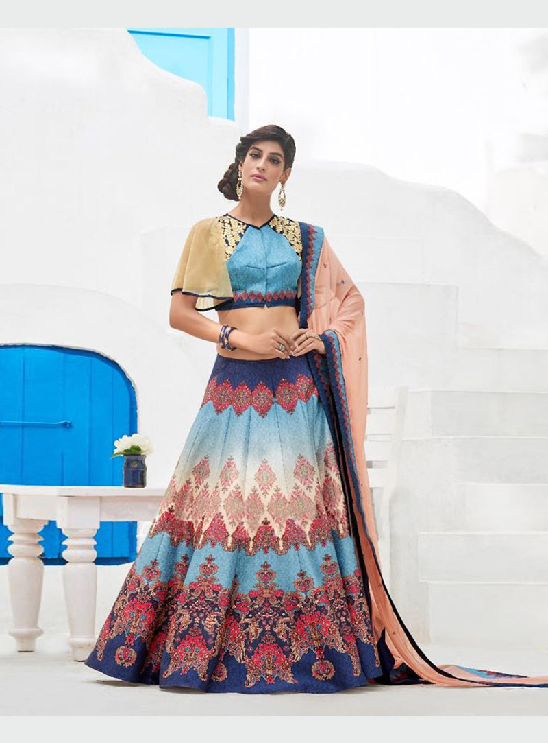 Sky Blue Silk Printed Lehenga Choli 77526