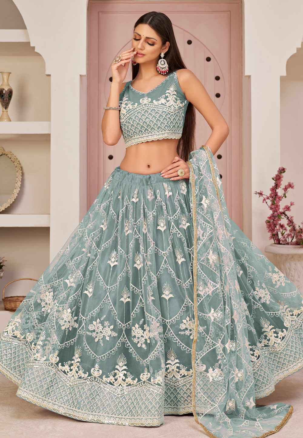 Grey Net Circular Lehenga Choli 247866