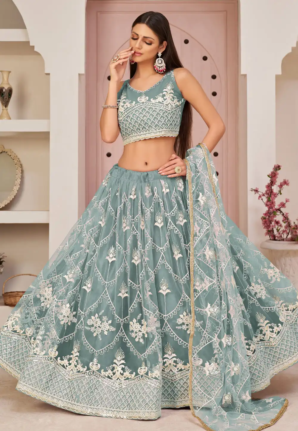 Grey Net Circular Lehenga Choli 247866