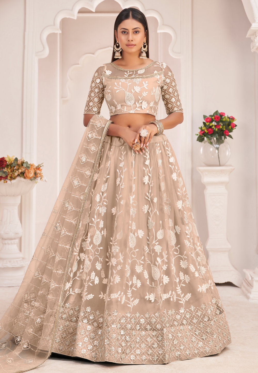 Beige Net Circular Lehenga Choli 256615