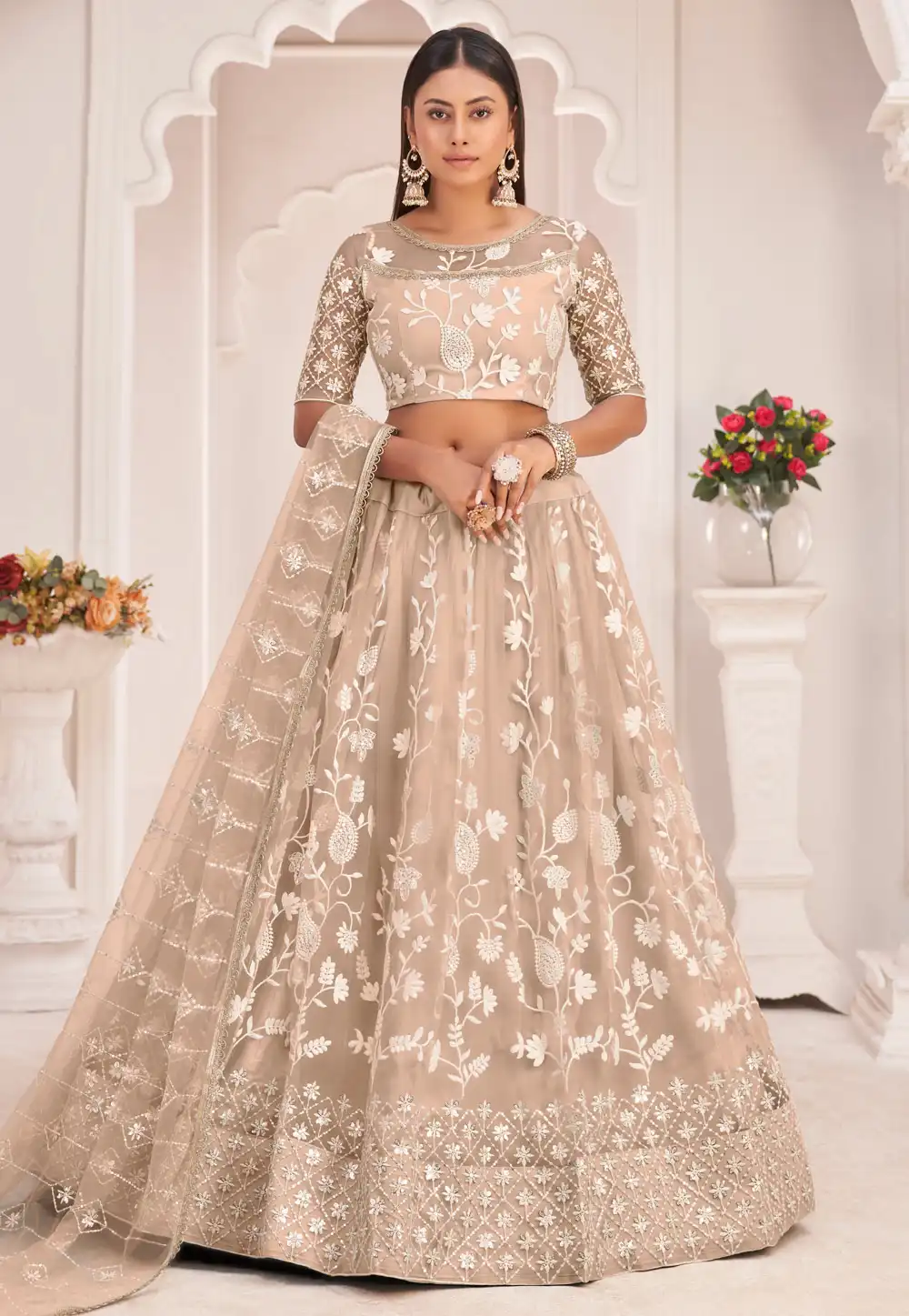 Beige Net Circular Lehenga Choli 256615