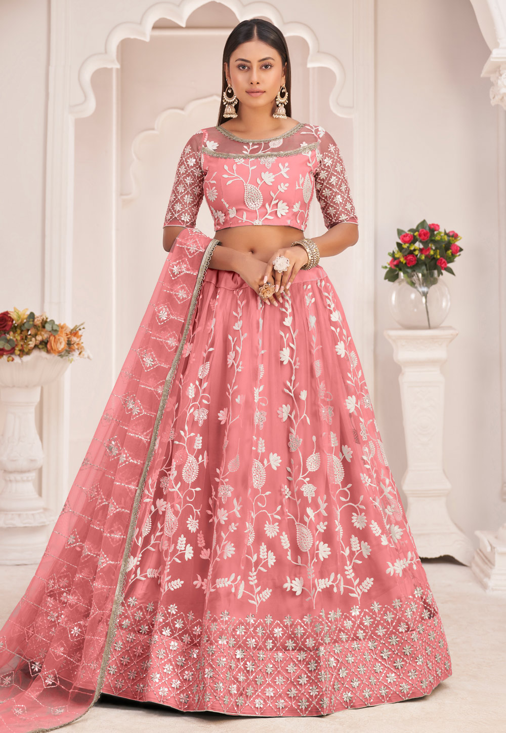 Pink Net Circular Lehenga Choli 256616