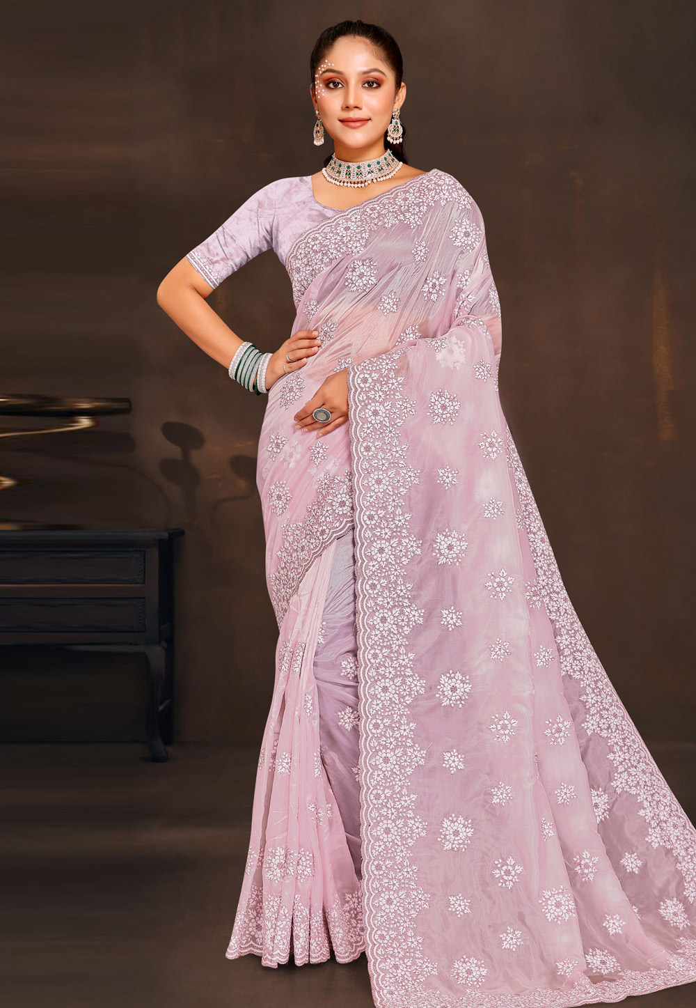 Pink Organza Saree With Blouse 274125