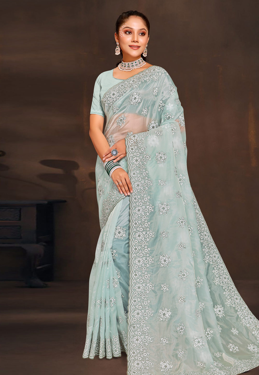 Sea Green Organza Saree With Blouse 274128