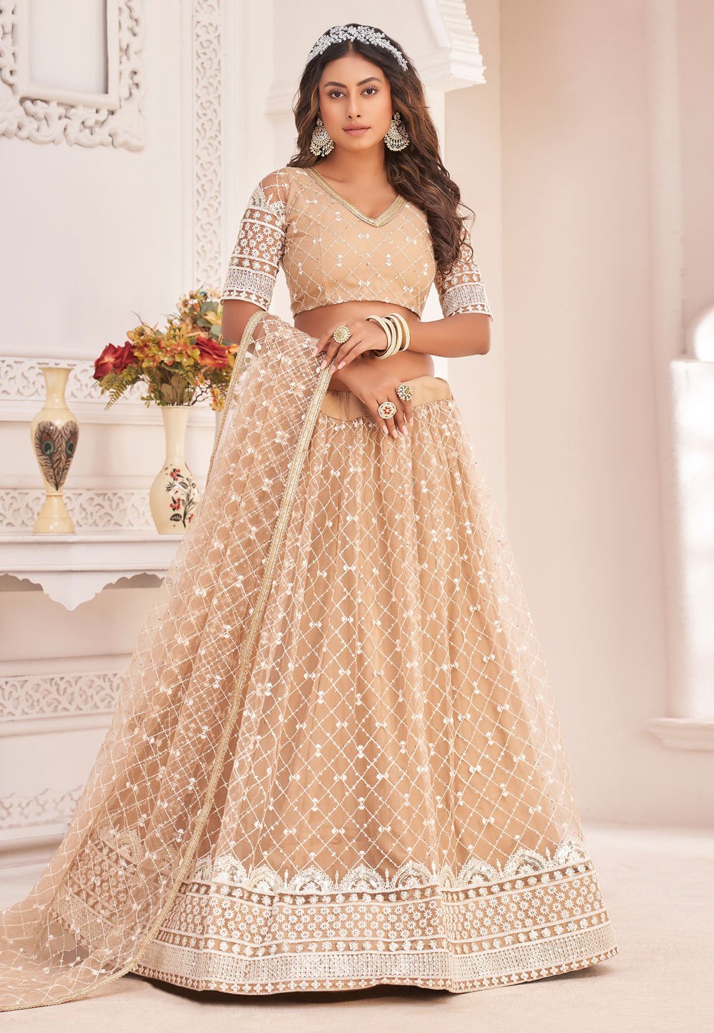 Beige Net Circular Lehenga Choli 254005