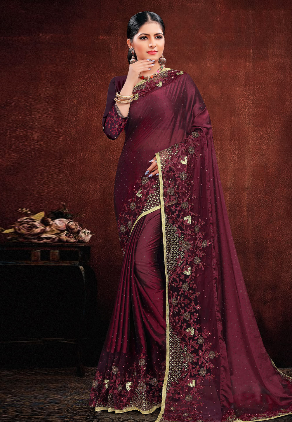 Maroon Satin Festival Wear Saree 202950