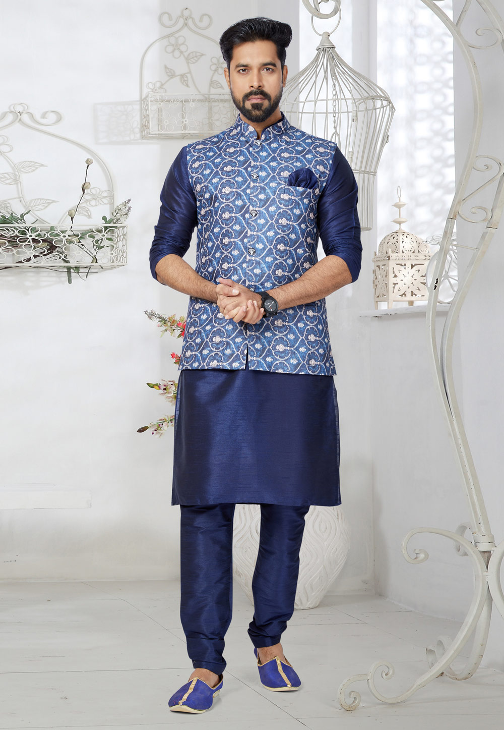Navy Blue Banarasi Kurta Pajama With Jacket 269020