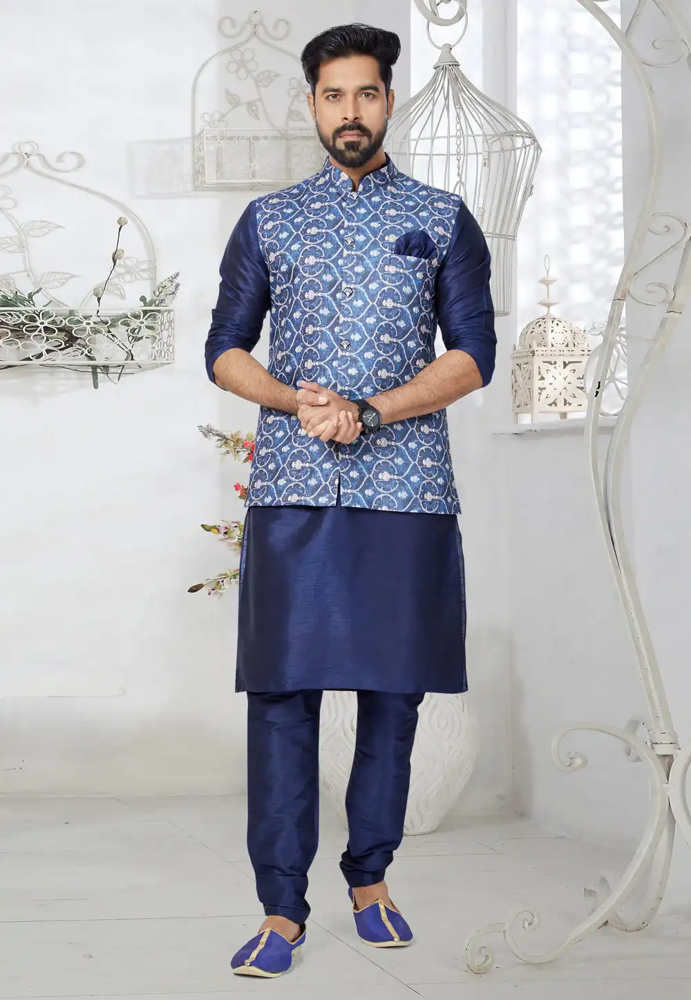 Navy Blue Banarasi Kurta Pajama With Jacket 269020