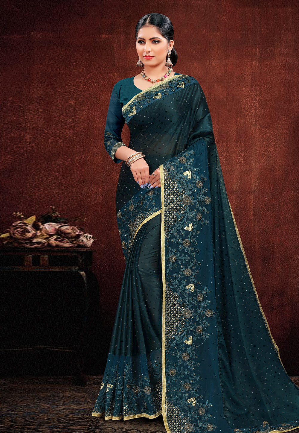 Blue Satin Saree With Blouse 202951