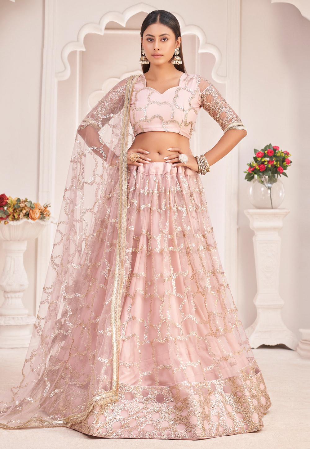 Pink Net Circular Lehenga Choli 254007