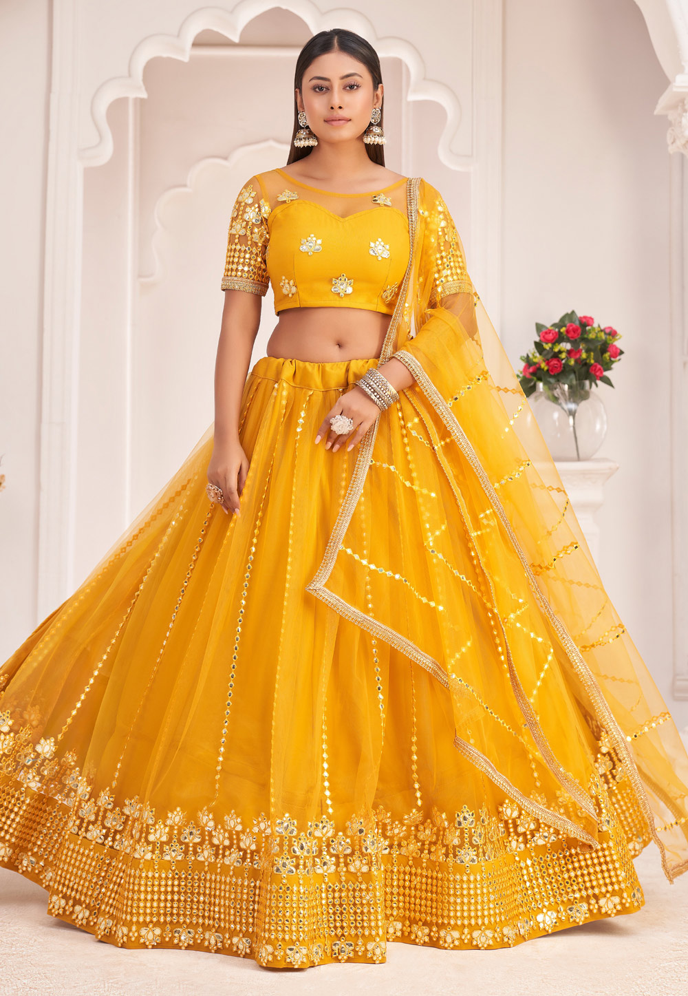 Yellow Net Circular Lehenga Choli 254008