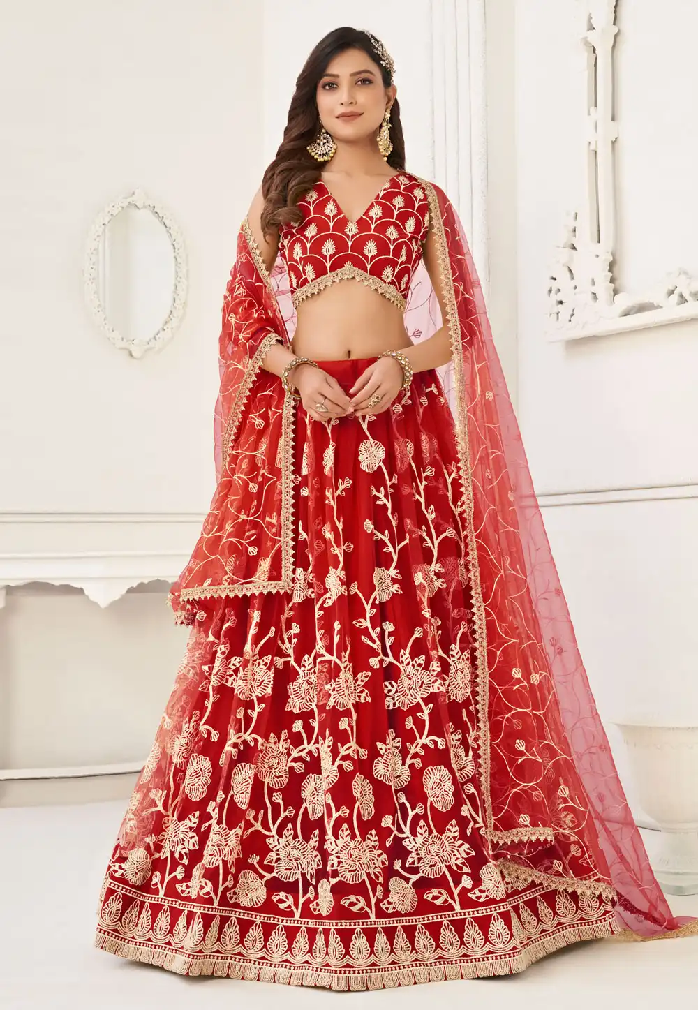 Red Net Circular Lehenga Choli 277580